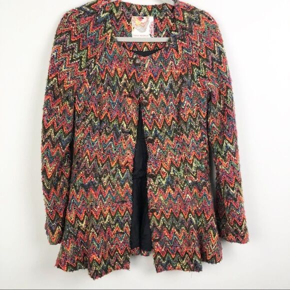FREE PEOPLE | Boucle Multicolor Chevron Button Front Sweater Coat Women’s Size M - Picture 1 of 9
